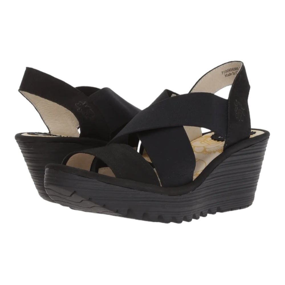 Fly London Black Wedge Sandals - Picture 6 of 9